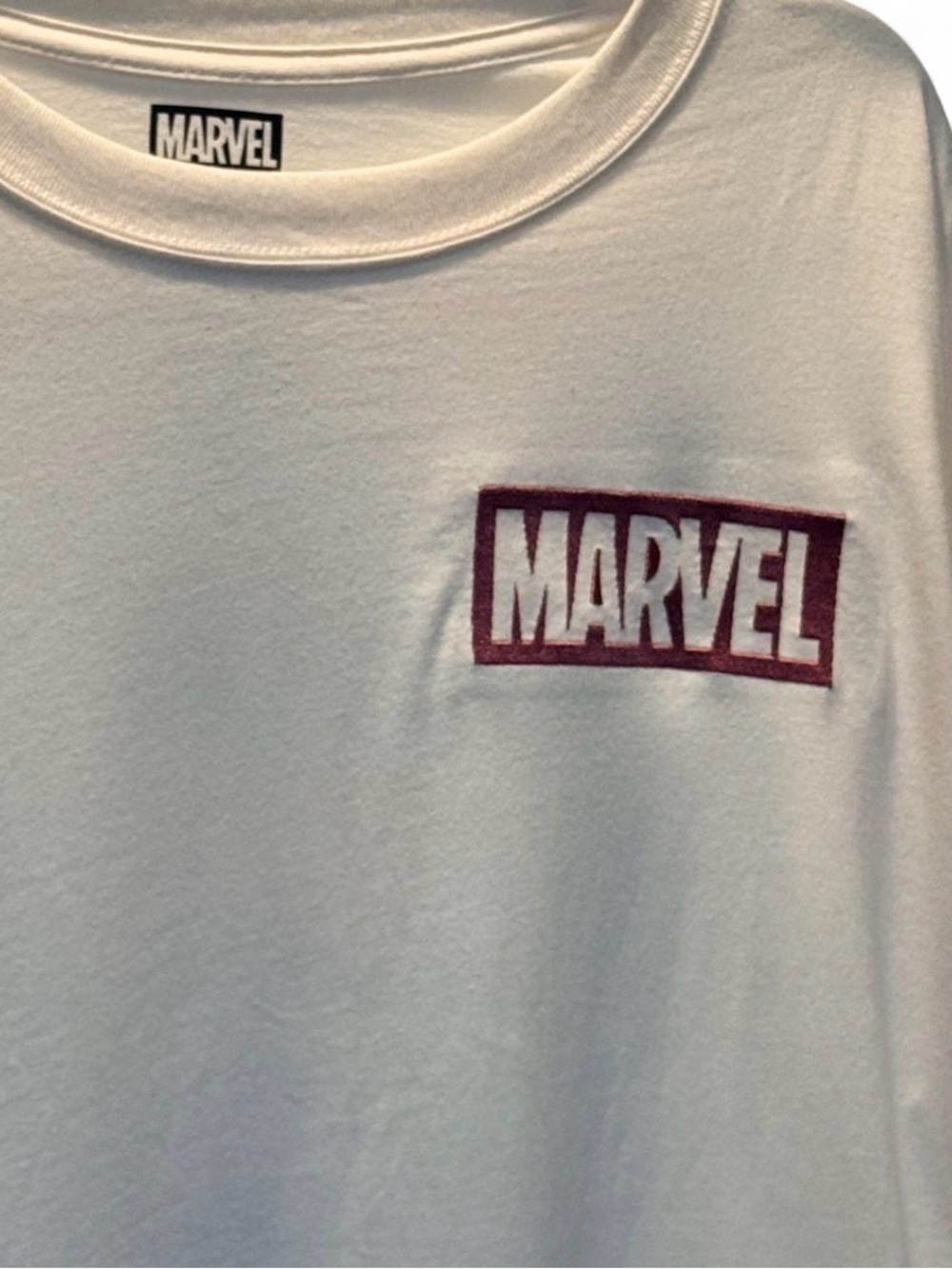 Marvel Avengers Ivory Short-Sleeve Tee with Burgundy Logo and back Comic Graphic